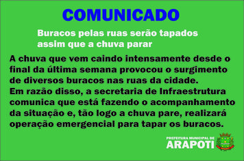 Buracos pelas ruas serão tapados assim que a chuva parar