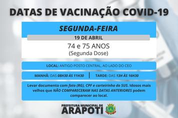 Covid-19 - Idosos com 74 e 75 anos receberão a segunda dose do imunizante nessa segunda (19)