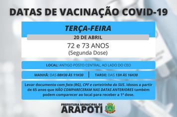 Vacinação COVID-19 - Idosos com 72 e 73 anos receberão a segunda dose nessa terça (20)