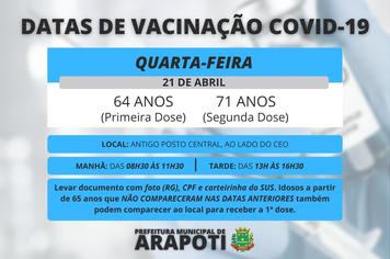 Vacinação COVID-19 - Vacinação continua nessa quarta (21)