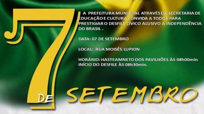 Sete de Setembro - Ato CÃvico será realizado na Rua Moisés Lupion