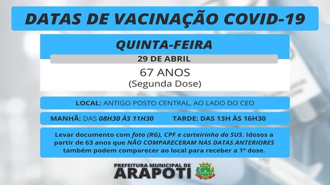 Vacinação COVID-19 - Idosos com 67 anos receberão segunda dosa do imunizante nessa quinta (29)